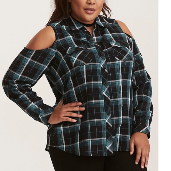 torrid Tops - Torrid Cold Shoulder Flannel Button Down Shirt